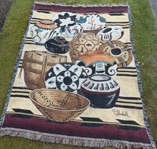 Vtg Southwestern Native American Woven Tapestry Throw Blanket Reversible Fringe