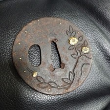 Japanese Tsuba Antique Iron Sword Guard Gold Inlay Dots