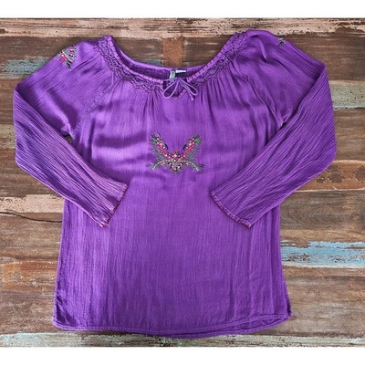 Kaaku Women's Floral Embroidered Peasant Boho Long Sleeve Violet Top Medium NICE