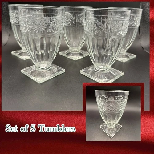Vintage Set of 5 Indiana Daisy Clear 8oz Square Footed Glass Tumblers Unique!
