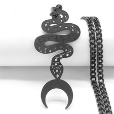 Rara Collana con Ciondolo Totem Luna Serpente Acciaio Inox Nero