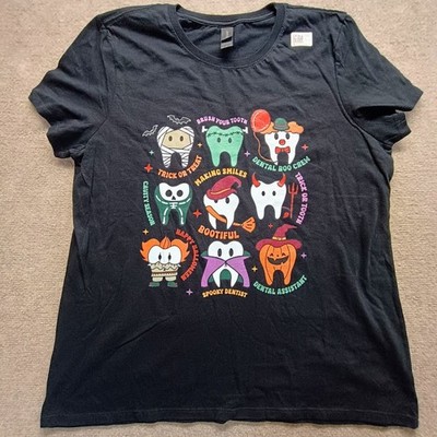 Dental Hygienist Teeth Tooth Crew Halloween Short Sleeve Top Black Women's LARGE