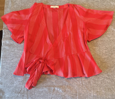 LOFT Red Striped V-Neck Flutter Short Sleeve Tie Wrap Blouse Petites LP