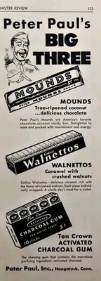1943 Peter Paul's Big Three Print Ad Naugatuck CT Mounds Walnettos Charcoal Gum