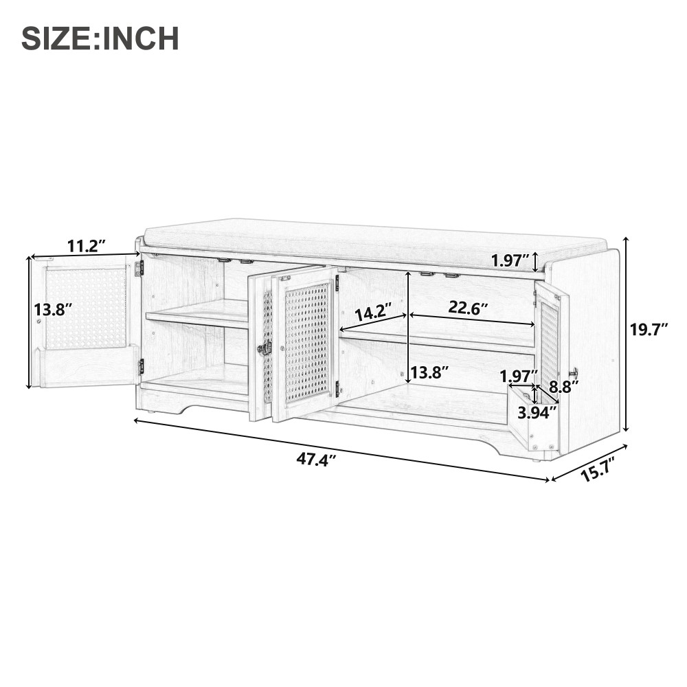 Storage Bench with Cushion Features Woven Rattan Door Panel Adjustable Shelves