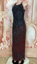Vtg. Lawrence Kazar 100 Silk Black Ombr Beaded Evening Gown Slit Sheath Lg