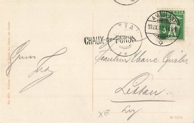 163876) Schweiz Nr. 113 auf AK mit Bahnpost + L1 Chaux-de-Fonds 1910 n. Littau