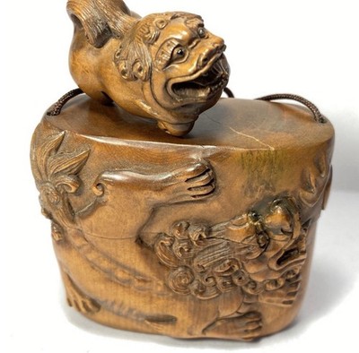 Japanese Inro & Netsuke Set, Hand-Carved, Komainu Lion Dog, Protection, Wood, R
