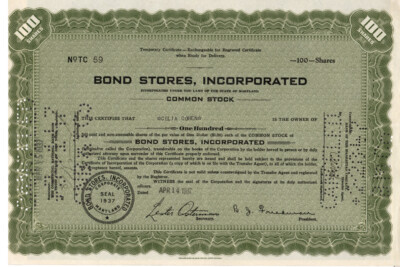 Bond Stores, Inc. - Original Stock Certificate -1937 - TC59