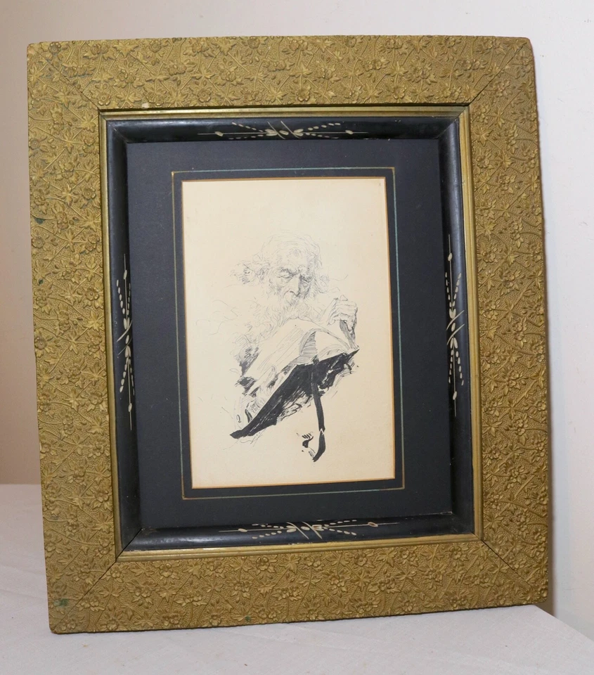 antiguo 1800s victoriano religioso judío rabino retrato tinta dibujo arte enmarcado Foto 3 de 4