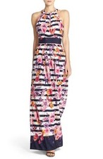 Eliza J  Pleated Floral-Striped Maxi Dress (Size 6)