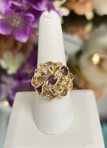 14k Yellow Gold Vintage Ladies Natural Ruby Diamond Cluster Cocktail Ring 7.75 - Picture 2 of 11