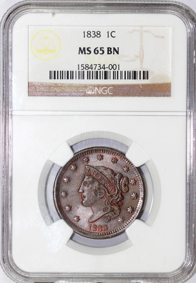 1838 1c N-3 Coronet or Matron Head Large Cent NGC MS 65 BN - Image 4 of 4