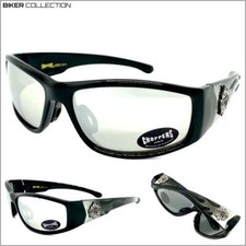 Hardcore MOTORCYCLE BIKER Riding Protective SUN GLASSES Gray Flames Chrome Lens