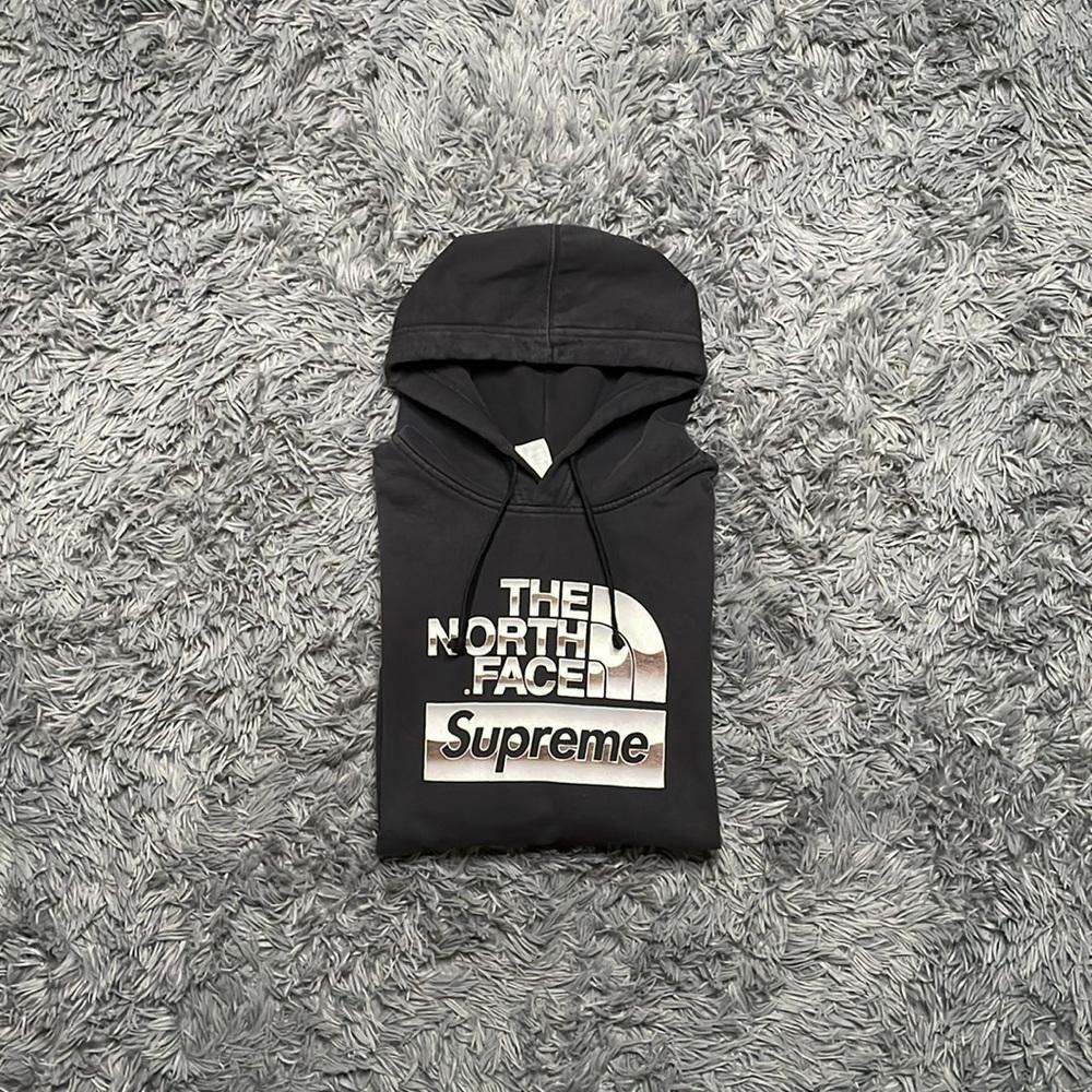 Supreme X The North Face SS18 Black Metallic Logo Crewneck Hoodie Sweatshirt