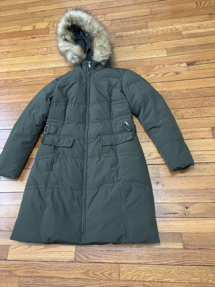 Jones Нью-Йорк женщин вниз пуховик пальто размер средний зеленый изолированный мех отделки капюшон - Изображение 2 из 4