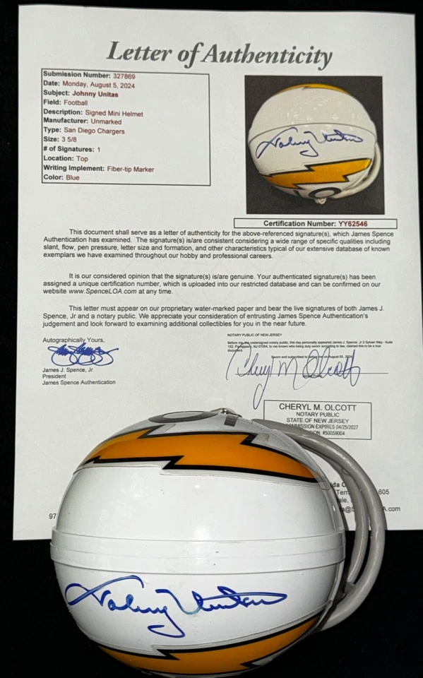 Johnny Unitas "HOF & GOAT QB" Signed Autographed Chargers Mini Helmet JSA Rare!! - Image 2 of 4