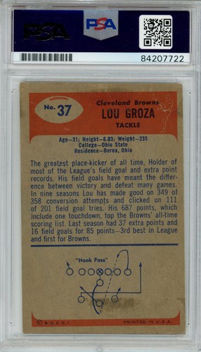 Lou Groza Autographed/Signed 1955 Bowman #37 Trading Card PSA Slab 43715 - Picture 2 of 2