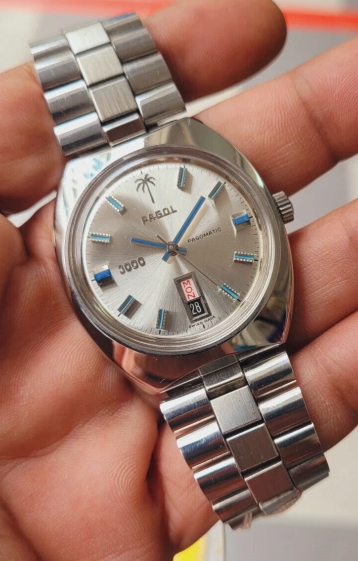 Rare Vintage Pagol 3000 Pagomatic Silver Sunburst Dial Blue Hour
