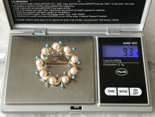 Spilla antica vintage oro 14 carati foglie corona perle turchese 9,3 g splendida! - Foto 9 di 9