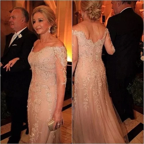 Übergröße Brautmutterkleid V-Ausschnitt Langarm Spitze Perlen Abendkleid - Bild 2 von 12