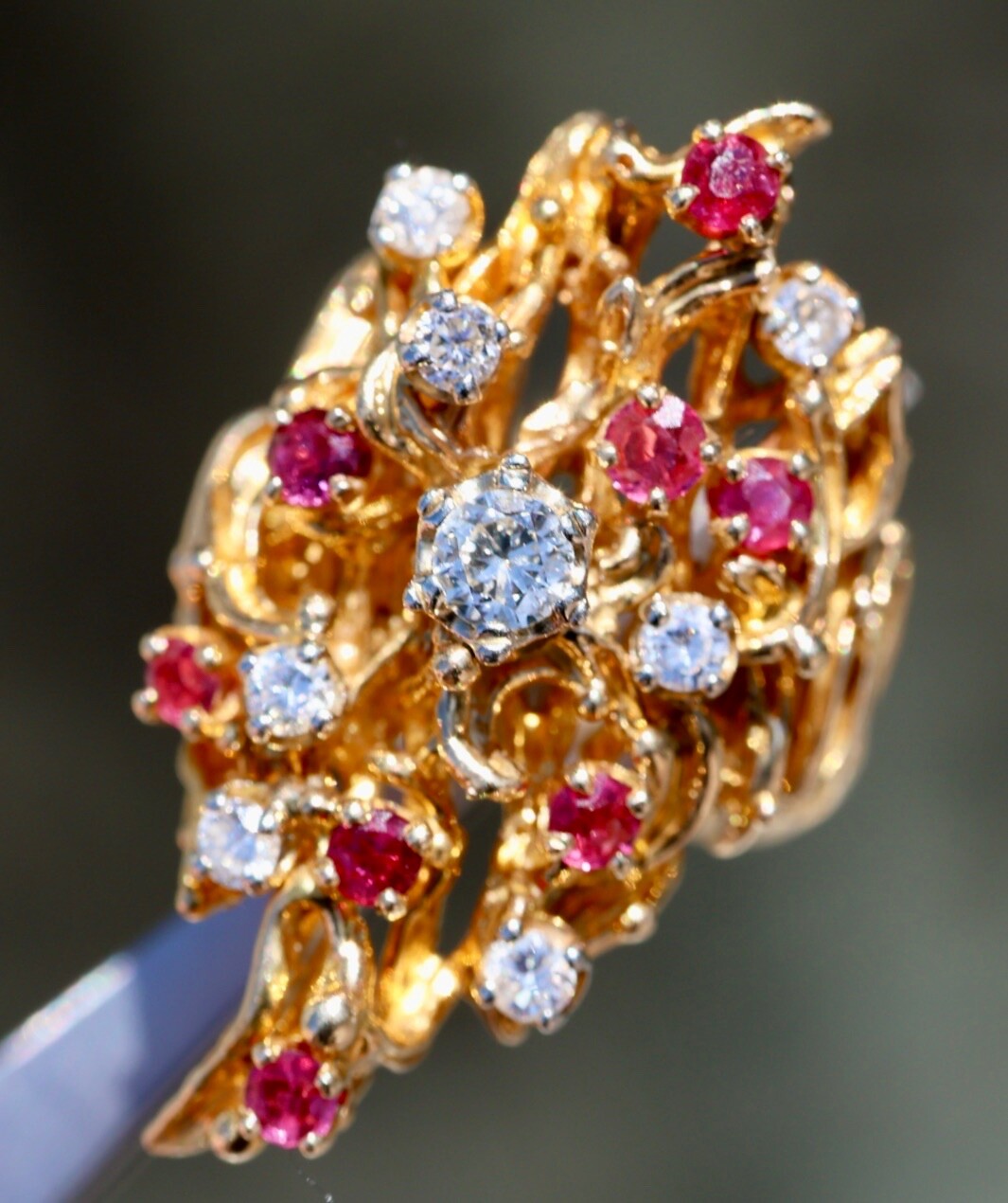 14K 585 SOLID YELLOW GOLD RUBY DIAMOND CLUSTER AR… - image 4