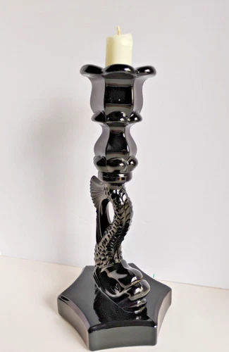 Vintage Westmoreland Black Milk Glass 9" Koi Fish Candlestick