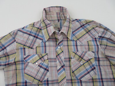 Vintage H Bar C Western Pearl Snap Shirt Mens Large Plaid Cowboy 70s 80s Rodeo