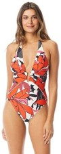 Vince Camuto L46340 Red Wild Lotus Plunging Wrap One-Piece Swimsuit Size 14