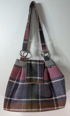 Earth Squared Tasche grün pflaumenblau kariert Tweed Tartan in sehr gutem Zustand 