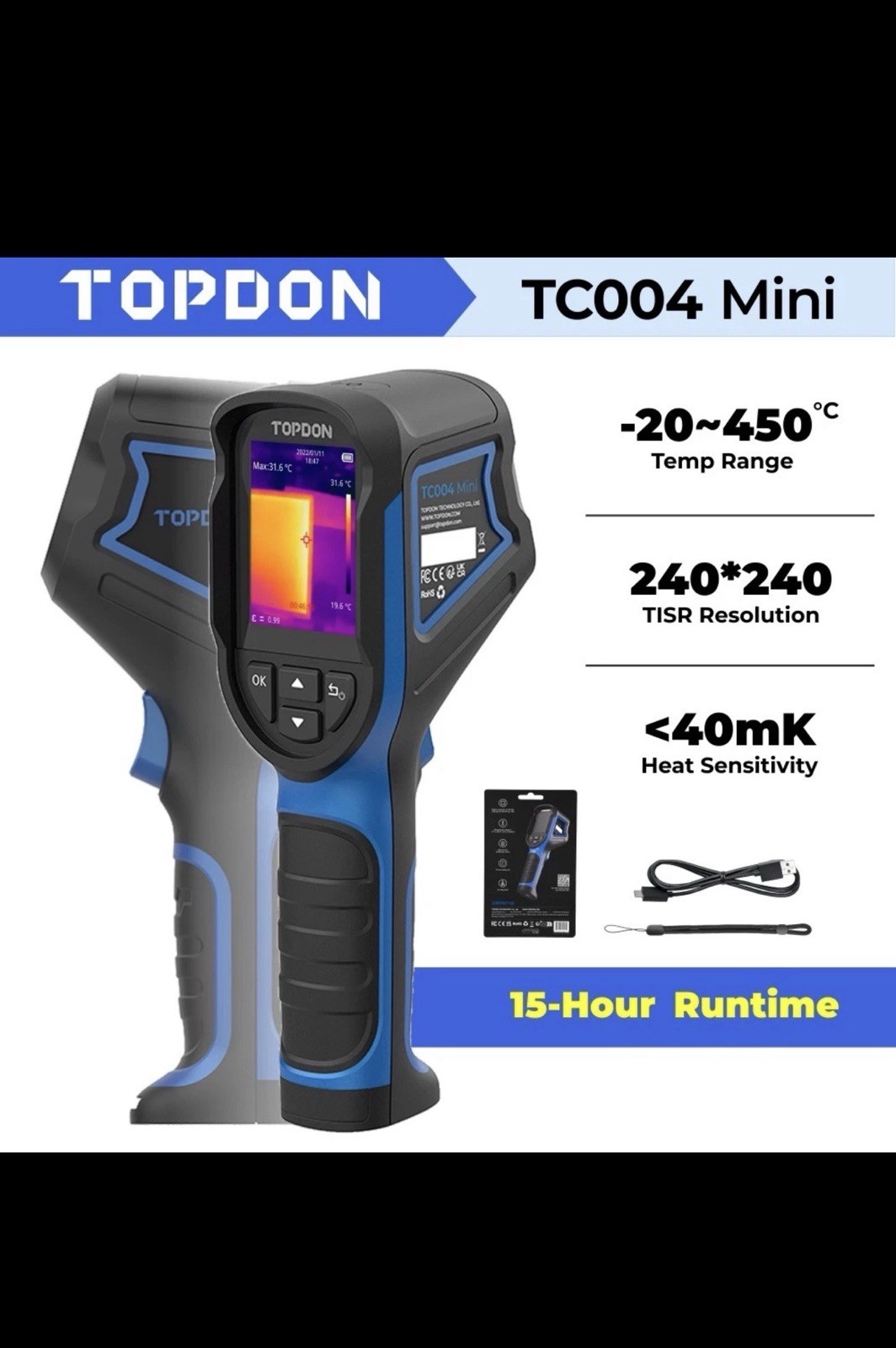 TOPDON TC004 Mini Rechargeable Hand Thermal Imaging Camera Black/Blue