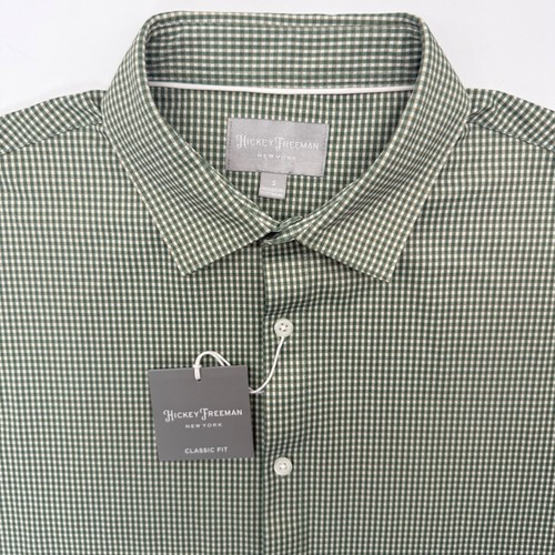 Hickey Freeman, Hickey Freeman Button Down Mens Small Olive Mist Gingham QN9H30LVMP Classic Fit