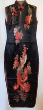 Black Satin Cheongsam Qipao Dress Embroidered Red Phoenix/Floral Design Size M