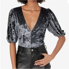 Free People Bodysuit Women Medium Steel Grey Crushed Velvet V-Neck Puff Sleeve