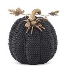 K & K Interiors - 7.5" Black Rope Pumpkins w/Gold Leaves & Spiders - 42420A-2