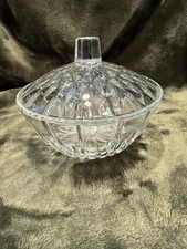 Vintage KIG Indonesia Glass Candy Dish Bowl Jar with Lid Spiral Starburst