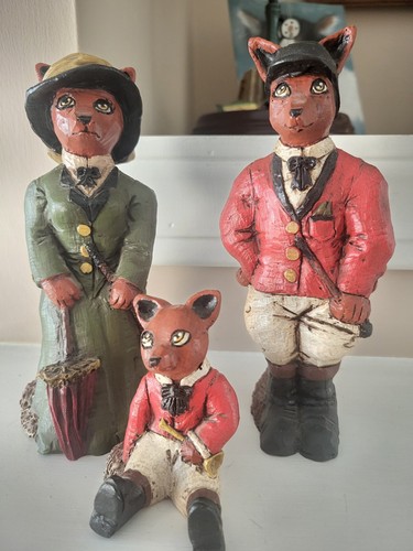 Anthropomorphic 3 Fox Figurines Standing Red Coat Hand Painted Folk Art Signed