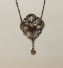 Art Deco Egyptian Revival 800 Silver Filigree & 10K Rose Gold Heart Necklace