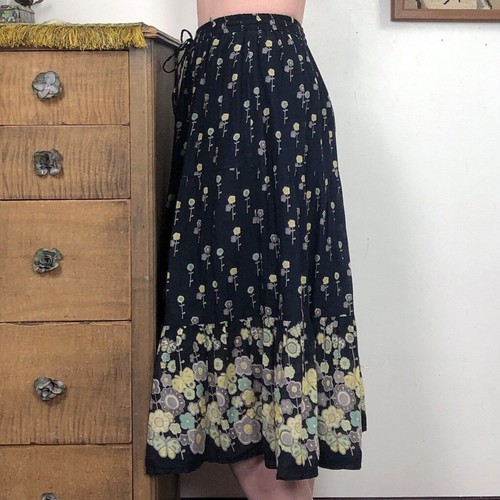 Vintage Cotton Gauze Hippie Skirt, 1990s Black Floral Indian Cotton Midi, OS - Picture 6 of 12