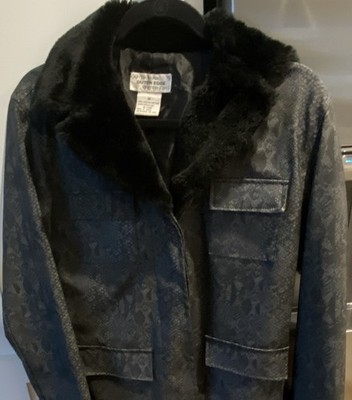 Outer Edge Women's Faux Leather Snake Skin Jacket Faux Fur Collar Pockets M