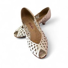 Vintage Bandolino Italy Woven Leather Peep Toe Heels White Size 6.5 M w/ Box