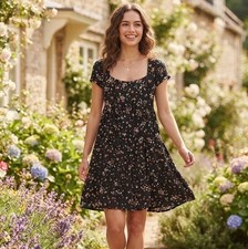 No Boundaries Cottagecore Dress S Floral Babydoll Tier Blk Mini Square Neck NWT