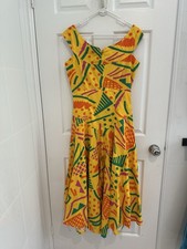 Vintage Time Australia Yellow Geo Print Midi Dress Size 12 Retro Rockabilly