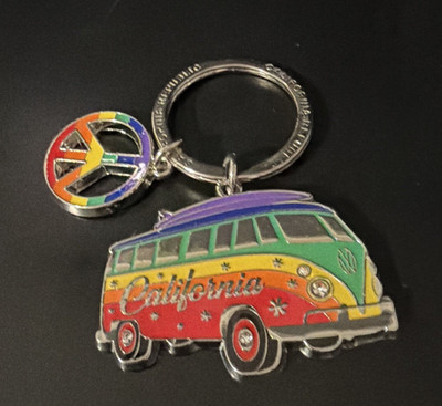 California Souvenir VW Bus Van Keychain with Peace Sign Charm Multi-Color