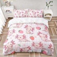 Cartoon Axolotl Duvet Cover Set Full Size, Strawberry Bedding Set for Kids Te...