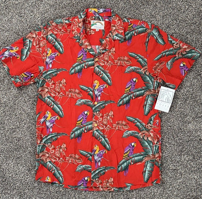 Paradise Found Hawaiian Shirt Medium Red Parrot Rayon Aloha Made Hawaii