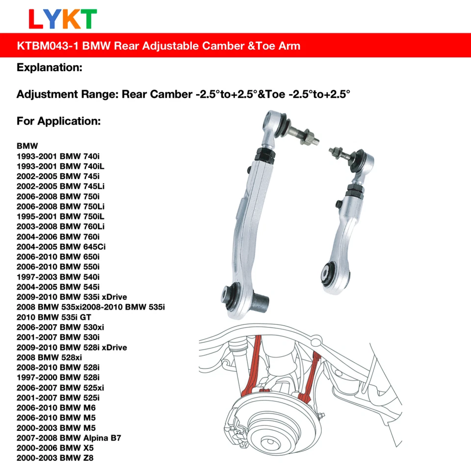 LYKT 4pcs Rear Camber&Toe Adjustable Alignment Control Arm for BMW 525-760、X5、Z Foto 2 de 4