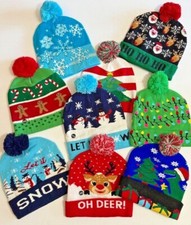 LED Light Up Christmas Holiday Beanie Knit Hat with PomPom - Multiple Designs