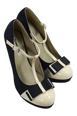 60s Pin-up Black & Cream Bow Accent T-strap Mary Jane Platform Stiletto Pumps 