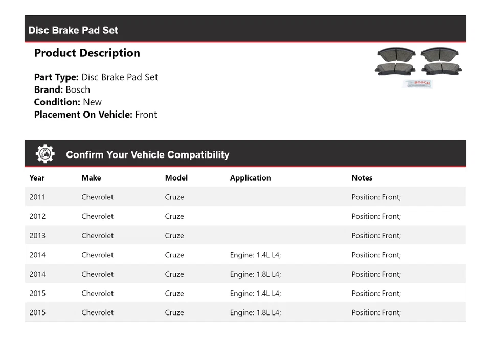 Pastillas de freno delanteras de cerámica azul para Chevrolet Cruze Bosch 2011-2015 2012 2013 2014 Foto 2 de 4